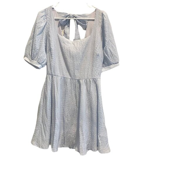 Light Blue Mini Dress Romper Womens Size S Puff Sleeve Open Back Tie Crinkle - Picture 2 of 8